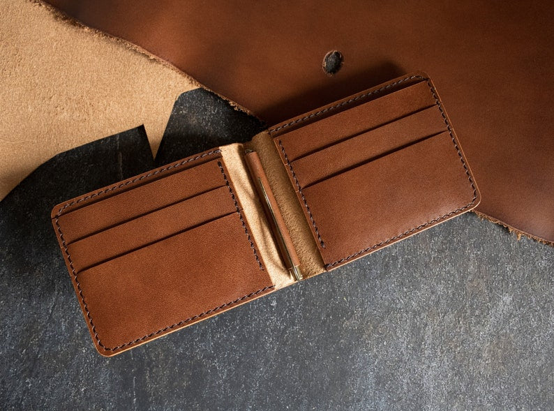 Leather Money Clip, Personalized Clip Card Holder, Full Grain Wallet, Birthday Gift for Man