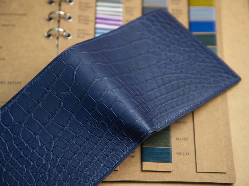 Personalized Alligator Leather Wallet: Handmade Exotic Navy Billfold