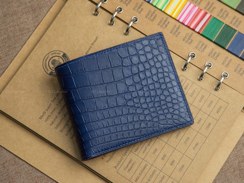 Personalized Alligator Leather Wallet: Handmade Exotic Navy Billfold